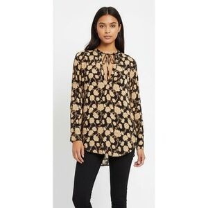 Free People Black Tan Floral V-Neck Tie Long Sleeve Boho Blouse Size XS